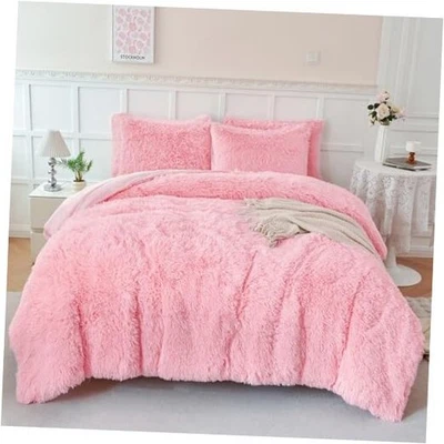  人造毛皮被子套装 尺寸 3 件套 蓬松 毛茸 超柔软 长发 双发 粉红色 — 第 1/4 张图片