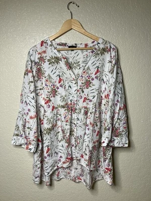 Camiseta túnica babydoll Jones NY talla 3X floral mezcla lino abotonada alta baja Foto 1 de 4