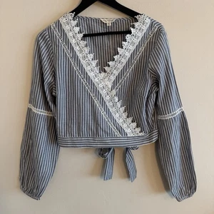 MISS SELFRIDGE Blue Stripe SIZE 14 UK Long Sleeve Openwork Crop Top Tie Back - Picture 1 of 7