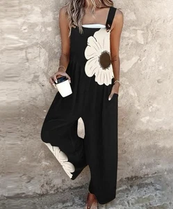 Women Boho Floral Jumpsuit Sleeveless Wide Leg Baggy Harem Pants RomperBLACK NEW - Picture 1 of 4