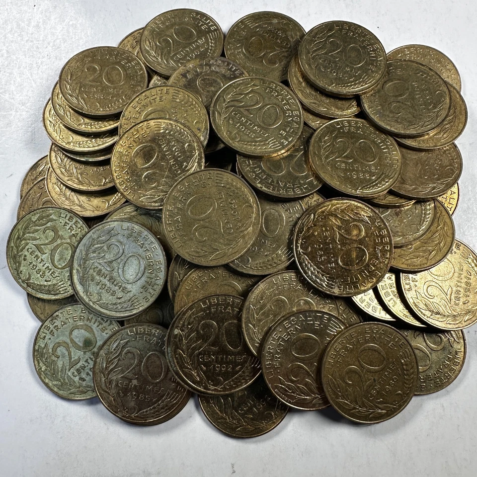 FRANCE 20 CENTIMES 1975-1994 w/o 86,87,90.91, LOT OF 78 COINS, "DOLPHIN" VARIETY - Image 1 of 1