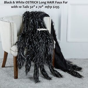 Throw Blanket Black & White OSTRICH Faux Fur w/10 Tails 50" x 70" mfsp $295