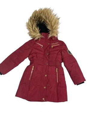 Niñas Bebé Phat Granate Rojo Imitación Piel Recortada Abrigo Abombado Talla 5/6 Chaqueta de Invierno Y2K Foto 1 de 4