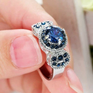New Fashion Jewelry Blue Gemstone Rhodium Silver Wedding Ring US Size 7 Women - Picture 1 of 2