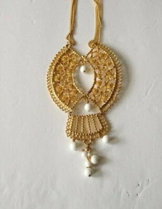 Gold Tone Lacey Bib Necklace White Beads 20" - Picture 1 of 4