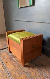 Vintage Art Deco Heals Style Oak & Green Velvet Ottoman Stool Music Storage Box - Picture 1 of 13