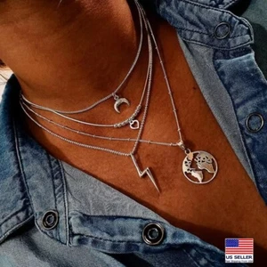 Fashion Women Jewelry Necklace Layered Earth Lightning Moon Heart Pendant 1899 - Picture 1 of 3