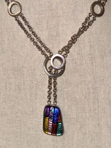 Double 925 Sterling Silver Lariat Chain Dichroic Glass Pendant 69 Grams - Picture 1 of 7
