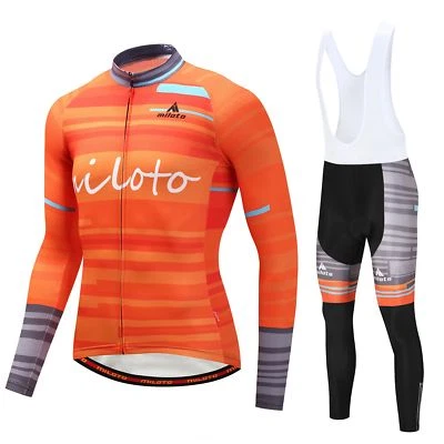 Conjunto de ciclismo para hombre naranja manga larga jersey y acolchado largo (babero) pantalones mallas kit Foto 1 de 4