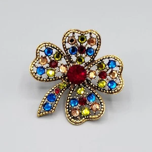 Weiss Multi Color Rhinestone 4 Leaf Clover Shamrock Gold Tone Brooch - Picture 1 of 11