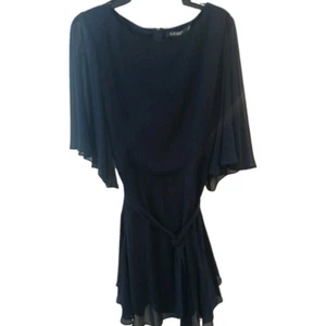 Abito Lauren Ralph Lauren Black Label blu navy mandie in georgette con volant taglia 16 - Foto 1 di 5