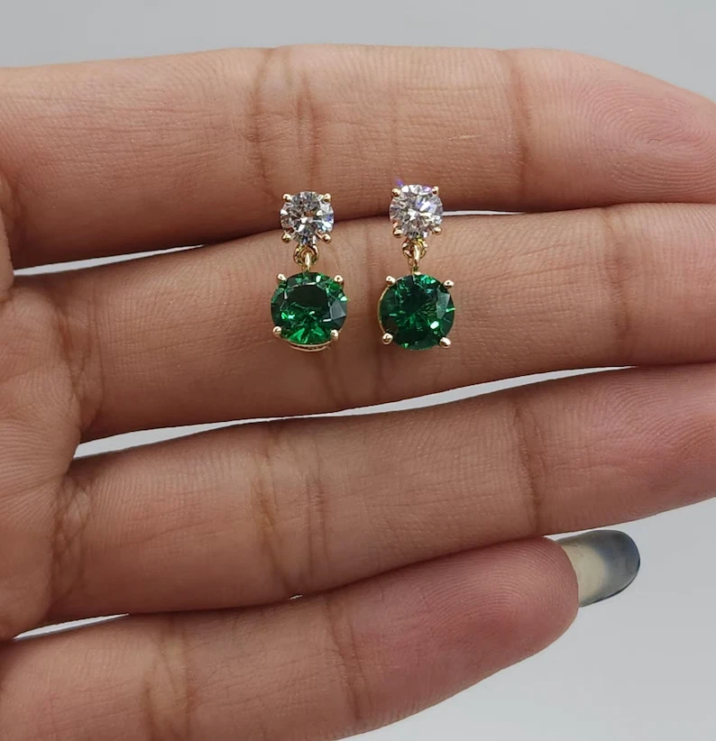 14K Yellow Gold Emerald Diamond Dangle Stud earrings for women Anniversary Gifts - Image 1 of 4