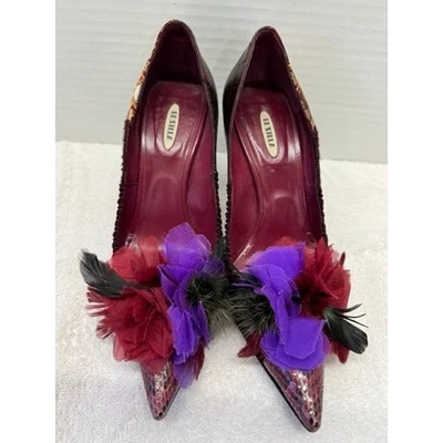 LE Stieff Embellished Floral Stiletto Heels Pumps Burgundy Leather Snakeskin - Image 1 of 4
