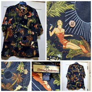Tommy Bahama Shirt Mes Small Black Silk Hawaiian Casino Hula Tiki Graphic Looped - Picture 1 of 24