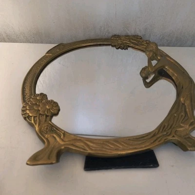 Vintage Brass Nouveau Vanity Mirror Nude Figural Lady TableTop 9” With Stand  - Image 1 of 4