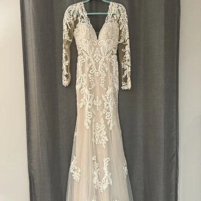 Stella York Wedding Dress US 8 Lace Long Sleeve White Train Fit Flare Style 7420 - Image 1 of 4