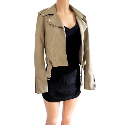 NUEVO CON ETIQUETAS $218- Chaqueta de Motociclista Romeo Juliet Couture Taupe Beige Caqui Cuero M Foto 1 de 4