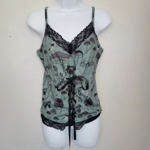Disney Women's Medium Tinkerbell Tank Top Green Black Lace Corset Mushroom Fairy - Picture 1 of 7