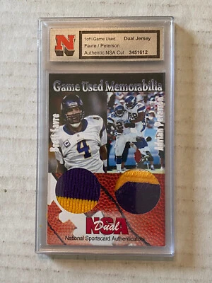 Tarjeta Jersey Doble Color Brett Favre / Adrian Peterson NSA Slsbbed 1/1 Foto 1 de 4
