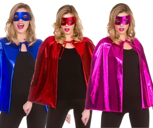 Metallic Cape Adults Super Hero Fancy Dress Costume Cape & Mask Mens Ladies - Picture 1 of 4