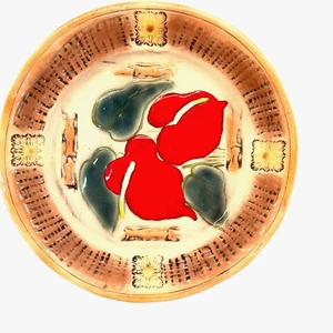 Kani Of Hawaii Handmade Pottery Plate 10” Gold / Red Anthurium & Green Leaves - Picture 1 of 5