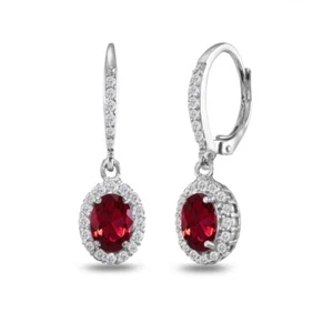Oval Halo Created Ruby & White Topaz Dangle Leverback Earrings in 925 Silver - Picture 1 of 4