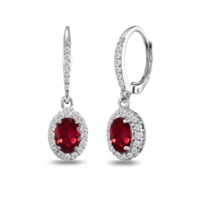 Oval Halo Created Ruby & White Topaz Dangle Leverback Earrings in 925 Silver - Image 1 of 4
