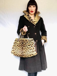 Vintage 1940s 1950s Leopard Print Fur Trim Black Wool Coat Matching Bag Purse - Picture 1 of 13