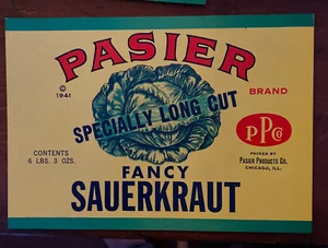 Großes Pasier Sauerkraut Vintage Label, ORIGINAL ETIKETT 1941 Chicago TOP - Bild 1 von 1