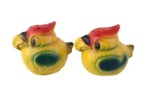 Vintage Chalkware Salt Pepper Shaker Set Colorful Squat Angry Looking Birds - Picture 1 of 6