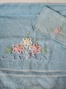 Vintage Cannon Light Blue Bath wash Cloth Towel Chenille Embroidered Set Pink - Picture 1 of 9