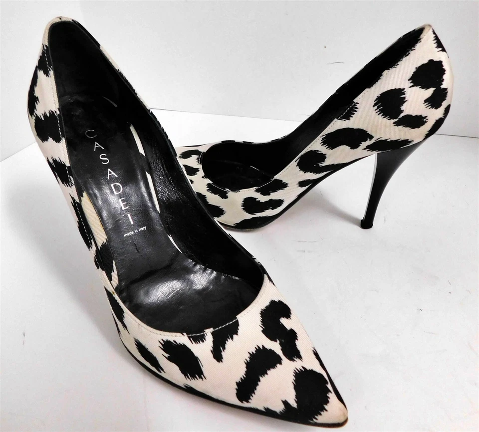 Zapatos de tacón alto Casadei negro blanco estampado animal lona Italia 6 M Foto 1 de 4