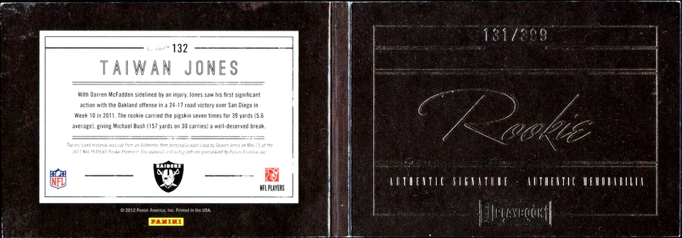 2011 Panini Playbook #132 Taiwan Jones Rookie Card  Auto Jersey /399 Raiders - Image 1 of 3