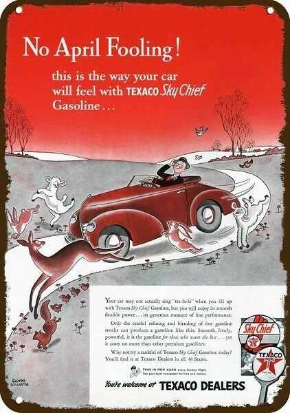 Letrero de metal réplica decorativa Texas Sky Chief Gas April Fool 1942 aspecto vintage Foto 1 de 1