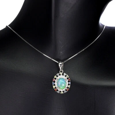 925 Argento Sterling Collana Ovale Opale di Fuoco 8x6mm Zaffiro Gemma Gioielli - Immagine 1 di 4