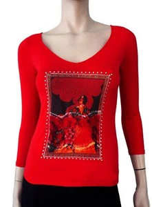 Vintage Y2k BLUMARINE 42 US 6 Embellished Red Nylon Flamenco Dancer V-Neck Top - Bild 1 von 3