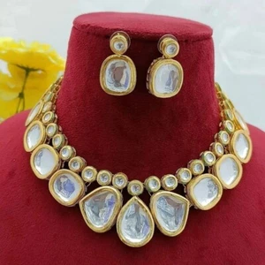 BOLLYWOOD GOLD PLATED BRIDAL KUNDAN CHOKER NECKLACE EARRINGS INDIAN JEWELRY SET - Picture 1 of 8