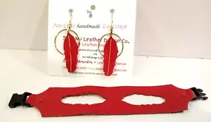 BRACELET & Matching EARRINGS Beautiful soft subtle RED Leather * One of a KIND - Picture 1 of 6