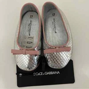 Dolce & Gabbana Baby Ballet Slippers Silver Pressed Leather Snake & Pink Bows - Picture 1 of 5
