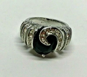 Vintage Silver Metal Rhinestone Diamante Agate Ring 1980' Size R1/2 - Picture 1 of 6