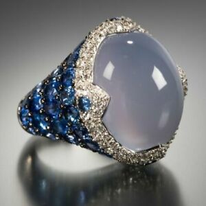 Women's 935 Silver Wedding Ring With Blue Cabochon Chalcedony &Sapphire Gemstone