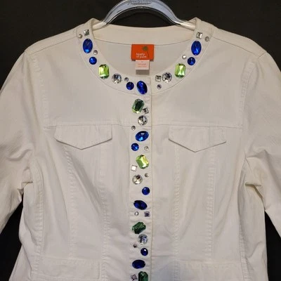 Chaqueta de jean Hearts Of Palm blanca elástica adornada con joyas sin cuello para mujer 12 Foto 1 de 4