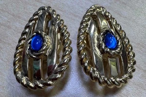 Givenchy Gripoix Glas Vintage signiert blaue Birne Cabochon Clip auf Ohrringe Runway - Bild 1 von 1