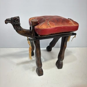 Camel Stool Wood & Leather Antique Vintage Hand Carved 11" Total Hight x 6" Wide - Picture 1 of 13