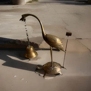 Chinesischer massiver Messing 7" Kranich auf Schildkröte mit hängender Glocke - Bild 1 von 4