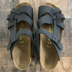 Birkenstock Pisa Sandals 41 Black Leather Slingback Comfort Cork Footbed - Picture 1 of 23