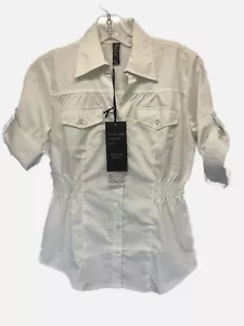 FNCY Cotton blouse button up collar shirt white gathered Small S NWT - Picture 1 of 7