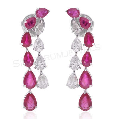 5.39 TCW Natural Pink Ruby H/SI Pear Diamond Dangle Earrings 18k White Gold Gift - Image 1 of 4