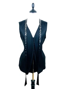 Elizabeth and James Womens Sleeveless V Neck Blouse Black Silk Beaded Tie Size L - Picture 1 of 20