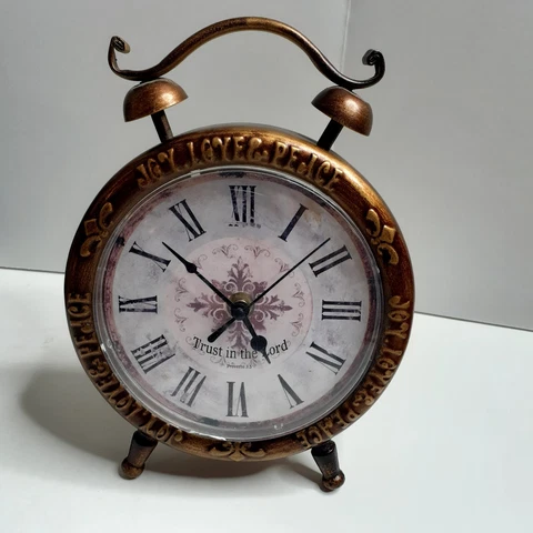 Vintage Joy Love Peace Round Battery Desk/Shelf Clock 7" Copper Finish Works D4 Cover